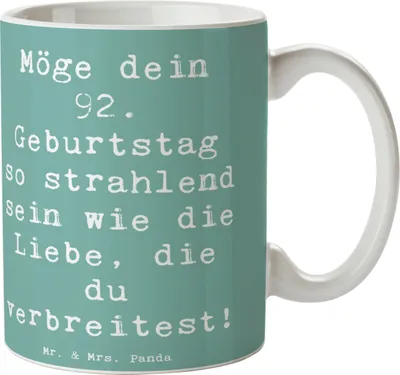 Produktbild von Mr. & Mrs. Panda Kaffeebecher Spruch 92. Geburtstag Strahlen - Meeresbrise - Geschenk, Lebensweise, Liebe, Happy Birthday, Geburtstagsgeschenke, Alter, Teetasse, leuchten
