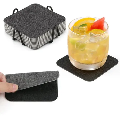 Productafbeelding van 12-delig set onderzetters, dubbelzijdig, antislip, vaatwasmachinebestendig, kunstleer, vierkant, grijs en zwart