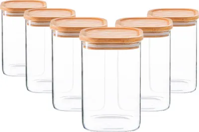 Produktbild von Quadratische Vorratsgläser aus Glas mit Holzdeckel – 1,1 Liter – 6 Stück