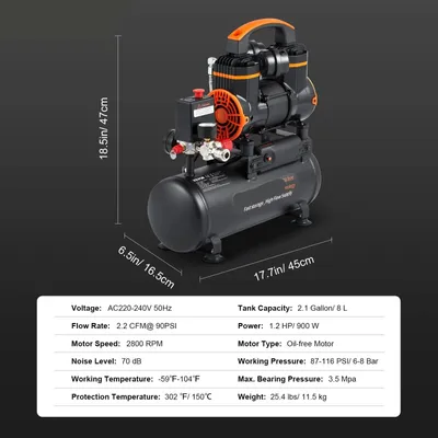 Obrázok produktu pre Kompresor – Tichý kompresor – Vzduchový kompresor – Prenosný kompresor bez oleja – 8 litrov – 900 W