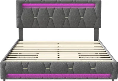 Obrázok produktu pre Čalúnená posteľ Fortuna Lai 140x200 cm s výškovo nastaviteľným čelom a 4 zásuvkami, LED osvetlenie, funkčná posteľ Manželská posteľ z ľanu, sivá