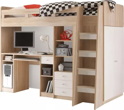 Produktbild von Hochbett "UNIT" Jugendbett Kinderbett Bett mit Stufen integriertem Schreibtisch in Eiche Sonoma Weiß