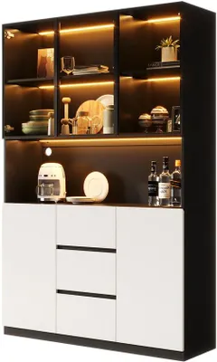 Image de Armoire à trois portes - Verre trempé - Compartiments ouverts - Trois tiroirs - Deux portes