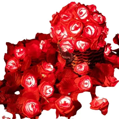 Rote LED-Rosen-Lichterkette im Weidenkorb, umgeben von losen roten Blütenblättern, hell leuchtend