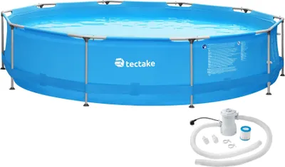 A round, blue swimming pool with a metal frame, shown with a water filter pump and hoses next to it.