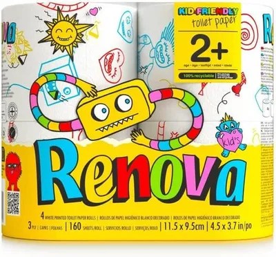 Produktbild von Toilettenpapier Renova Kids Friendly - bedruckt mit Kindermotiven - 3-lagig - Renova - Hochwertiges weißes Klopapier - 4 Rollen