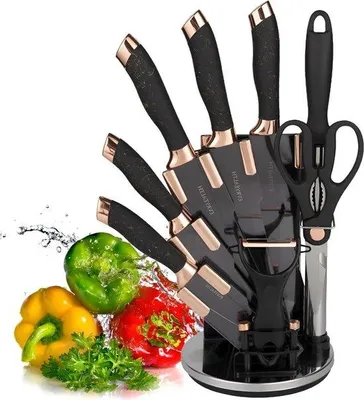 Produktbild von Famanu Messerset 9-teilig Schwarz - Edelstahl, ergonomisches Design, mit Halter