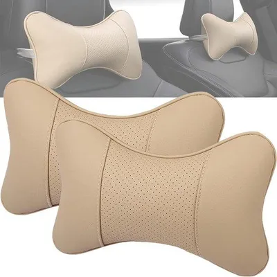 Productafbeelding van 2Pcs Auto Zitkussen, Hoofdkussen Auto, Neksteun Kussen, Ergonomische Hoofdsteun, Beige PolyurethanLeer, Voor Comfortabel Rijden en Ondersteuning