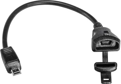 A black USB cable adapter with a micro USB connector on one end and a USB-A female port on the other, with a protective cap.