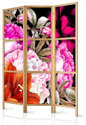 Produktbild von Muralo Japanischer PARAVENT 3-teilig Raumteiler klappbar PREMIUM-Vliesleinwand BUNTE BLUMEN für Wohnzimmer 135x172