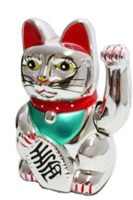 Produktbild von HAAC, Winkekatze Glückskatze, 13 cm, silber, Kunststoff, linkswinkend, batteriebetrieben