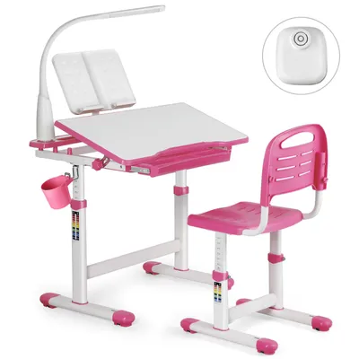Produktbild von JOYLDIAS Kinderschreibtisch-Set, Mitwachsend & ergonomisch, 0-40° Neigplatte, Stahlbeine, Schublade, Haken, 66x78x(54-76)cm,Rosa