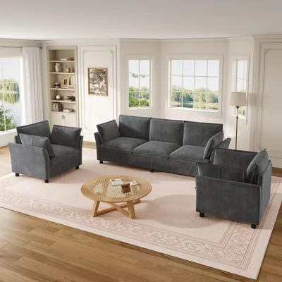 Produktbild von Merax 3-1-1 Sofakombination, Modulares Sofa-Set, 3-Sitzer mit 2 Sesseln, Chenille, Taschenfederkern, Kissen, Cloud-Komfort, Grau