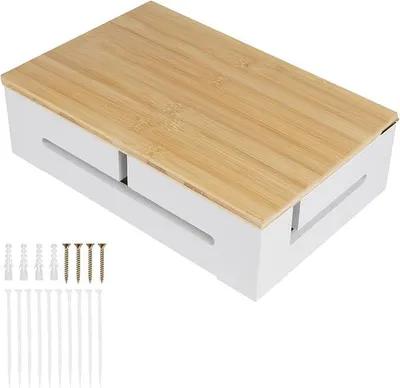 Produktbild von PolkaHome® Kabelmanagementbox aus Holz – Kabelbox mit Bambusdeckel, Kabelorganisation, Wandmontage möglich, Weiß
