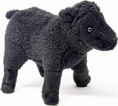 A studio shot of a black sheep plush toy.
