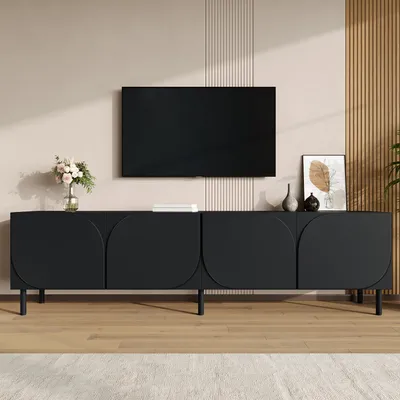 Produktbild von Merax TV Lowboard mit 2 Türen und 2 Schubladen, TV-Schrank mit Blattrelief, TV-Board mit Kabeldurchlass und Massivholzfüßen, Wohnzimmerschrank,Schwarz