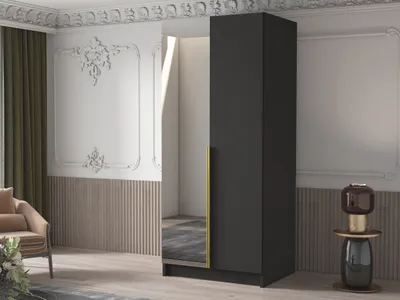 Obrázek produktu pro Úzká šatní skříň 100 cm se zrcadlem SELLY 2 - černá / zlatá