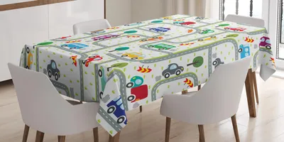 Produktbild von ABAKUHAUS Autos Tischdecke, Verkehrsregeln mit Zeichnung Kindisch Kindergarten Themen Allee Strassen Bäume, 140 x 200 cm, Mehrfarbig