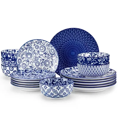 Image de Vancasso Service de table, service combiné en porcelaine 18 pièces bleu et blanc, avec assiettes plates, assiettes à dessert, bols pour 6 personnes