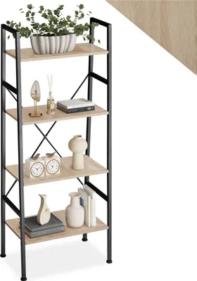 A tall, narrow bookshelf with four shelves, decorated with various items.