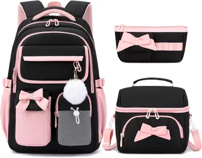 Image de Ensemble de sac à dos pour filles, noir et rose, pour les classes de 3e à la 9e, articles scolaires