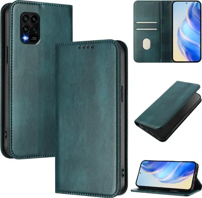A collage of images showing a green leather flip phone case for a Xiaomi Mi 10 Lite 5G.
