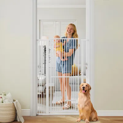 Produktbild von COSTWAY Türschutzgitter Hunde, Absperrgitter, 77-104 cmx150 cm, Schutzgitter mit Tür, 2 Erweiterungen, Türgitter, Hundegitter ausziehbar, Metall, Weiß