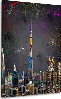 Produktbild von Graffiti Dubai Skyline Street Art Wandbild Leinwandbild Kunstdruck XL Wanddeko: 80x120x4cm