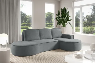 Produktbild von Sofello Modernes Ecksofa Abgerundete Formen MOLLYmit abgerundeter Form in Dunkelgrau Velourstoff - trendige abgerundete Form! Neuheit 2025 (mit Schlaffunktion)