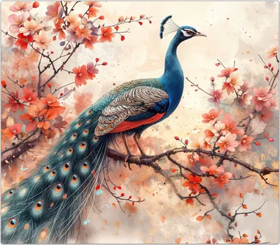 Produktbild von Spritzschutz Herdabdeckplatte Schneidebrett aus Glas Pfau und Blüten 1-Teilig (60x52cm)