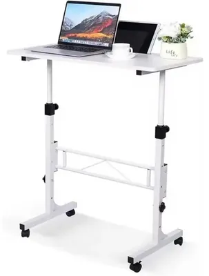 Obrázok produktu pre Mobilný stojací písací stôl – Výškovo nastaviteľná doska na notebook – S kolieskami – 78,7–109,2 cm – Kovová konštrukcia – Vhodný do domáceho pracoviska – Biela farba