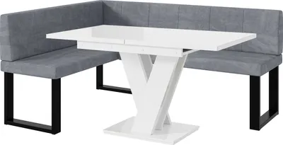 Produktbild von MEBLINI Eckbank für Esszimmer mit ausziehbarem Tisch - Küchenbank - Essecke - Sitzecke Küche - PETER - U-Beine 128x168x87cm Links - Grau Samt/M Weiß Hochgl.