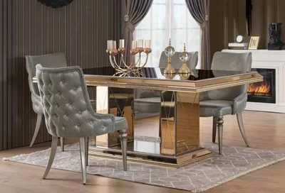 Produktbild von Goldener Luxus Esstisch mit 4 Stühlen Gold Esszimmer Möbel Tisch 7tlg