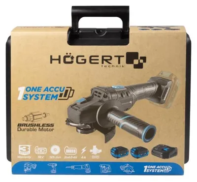 Produktbild von Winkelschleifer Akku 18V bürstenlos Högert Technik, 125 mm, mit 2 x 4,0 Ah Akku und Ladegerät – Flex OneAccuSystem