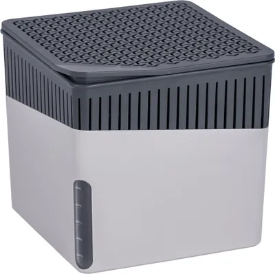 A cube-shaped dehumidifier with a gray top and white body, shown against a white background.