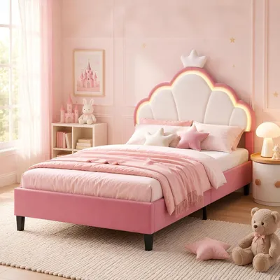 Immagine prodotto di Letto per bambini 90x200 cm, modello per bambine, con luci LED, a forma di da principessa, imbottito in velluto, con schienale regolabile, comprensivo di rete a doghe, senza materasso