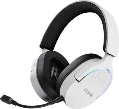 A white and black gaming headset with a microphone is shown against a white background.