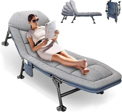Productafbeelding van Veldbed met Matras - Campingbed Ligstoel - Ontspannen Buiten - 6-voudig Verstelbare Rugleuning - 190 x 65 cm - Grijs