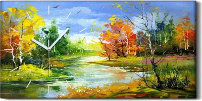 Produktbild von Leinwand Wanduhr Wandkunst Uhr Geräuschlos 60x30 Gemälde Wald Bäume Fluss Natur - weiße Hände