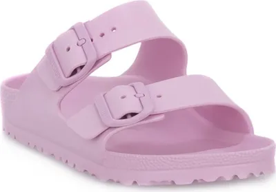 A pair of pink Birkenstock Arizona EVA sandals shown from a side-angle on a white background.