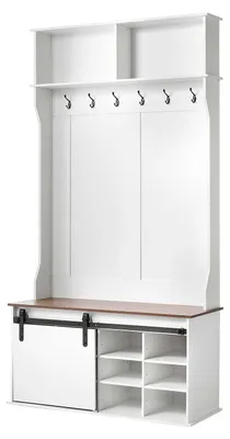Image de Porte-manteaux SucceBuy, dimensions 1060 x 399 x 1999 mm, avec banc, crochets, étagères, étagères à chaussures réglables, idéal pour l'entrée, le couloir ou la salle d'entrée, couleur blanche