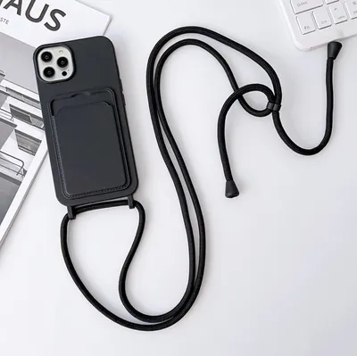 Produktbild von Mobigear Lanyard Card iPhone 15 Pro Max Silikon Handykette mit Kartenhalter - Schwarz