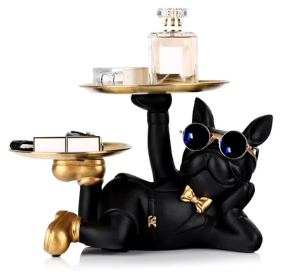 Produktbild von Schwarze Bulldogge Statue mit Tablett, Französische Bulldogge, Tischdekoration für Wohnzimmer und Eingangsbereich