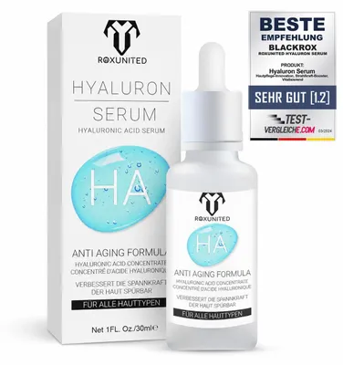 Produktbild von ROXUNITED BIO Hyaluron Serum [Für alle Hautypen] Vergleichssieger - [Hormonfrei] - mit Vitamin C - Geeignet für trockene Gesichtshaut,  30ml