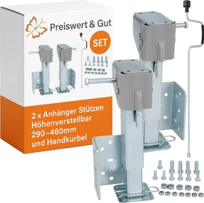 Produktbild von Anhängerstütze 2er Set klappbar Ausdrehstütze Kurbelstütze 290–460 mm aus verzinktem für PKW Anhänger Schraubmontage Stabilisierung