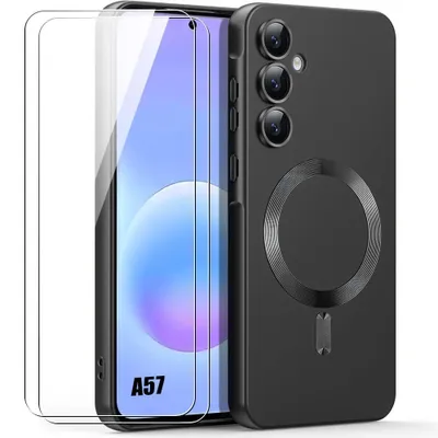 Image de Coque + 2 Verres Trempés pour Samsung Galaxy A57 5G, Silicone Liquide avec Anneau Magnétique - Noir
