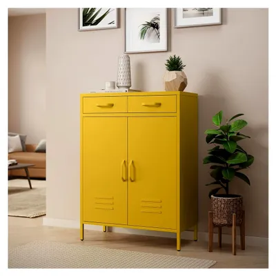 Produktbild von Atria Metallkommode – Sideboard in Gelb – Metallschrank mit 2 Fächern und 2 Schubladen – Mehrzweckschrank – Industrial Highboard – Aufbewahrungsschrank/Flurschrank – Flexible Einlegeböden