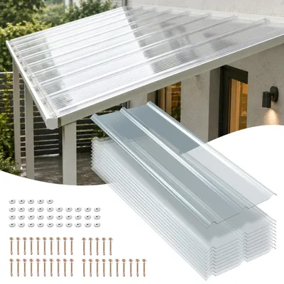 Produktbild von Vigevee 10er Set FRP Lichtplatten 50x120 cm, 1 mm Trapez-Wellplatten klar, UV-Schutz, hagelfest & wetterfest, inkl. Schrauben für Terrassendach Carport