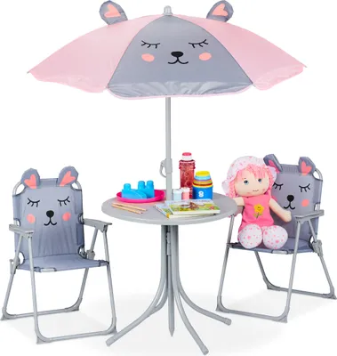 Produktbild von Relaxdays Camping Kindersitzgruppe, Maus Motiv, Kindersitzgarnitur mit Sonnenschirm, Klappstühlen & Tisch, Garten, grau