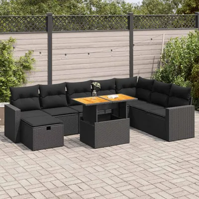 Produktbild von Design 9-tlg. Garten-Sofagarnitur mit Kissen Schwarz Poly Rattan, Gartenmöbel-Sets 2024 Neu
